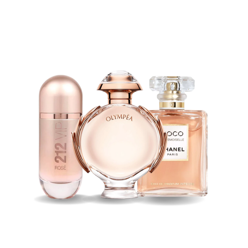 Pachet promoțional de 3 Parfumuri Carolina Herrera 212 VIP ROSÉ, Paco Rabanne OLYMPÉA și Chanel COCO MADEMOISELLE 100ml